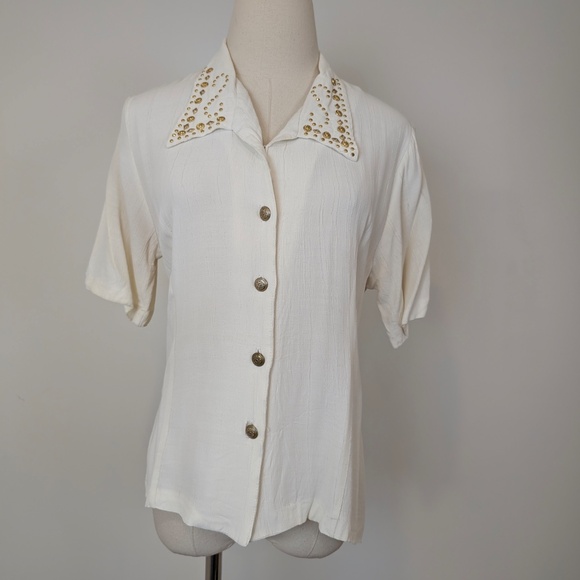 Vintage Studded Button Down Blouse Size Medium White Off-white - Picture 3 of 11